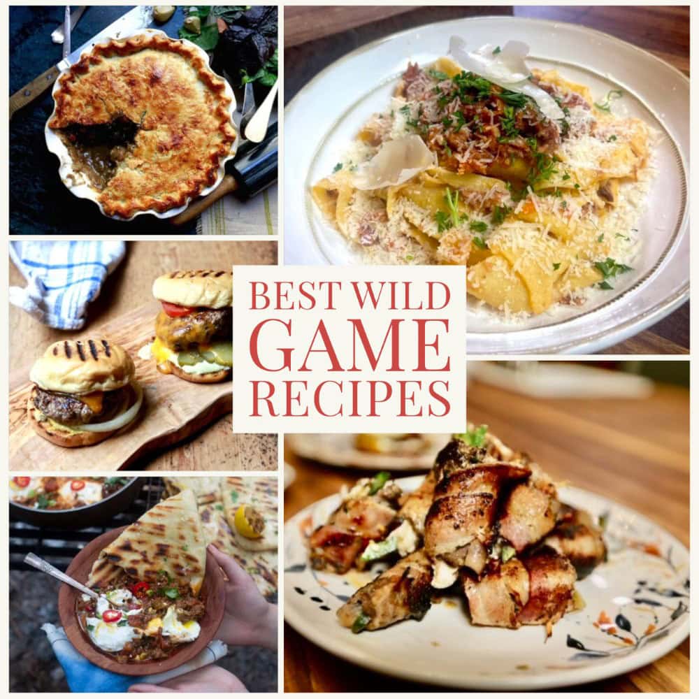 photo montage of Stacy Lyn Harris's wild game recipes, featuring venison, dove, squirrel, and wild boar dishes