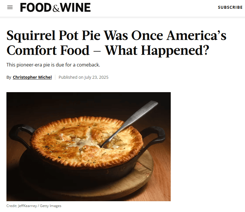 screenshot of Food & Wine article with squirrel pot pie