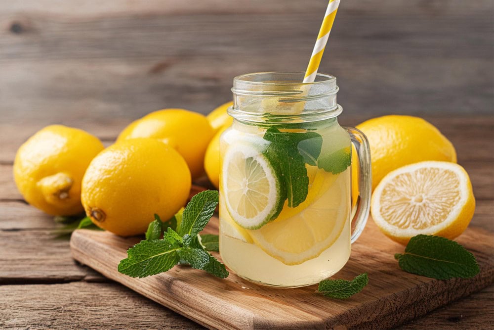 mason jar full of lemon water with mint leaves, sitting on wooden cutting board with fresh whole and sliced lemons alongside it