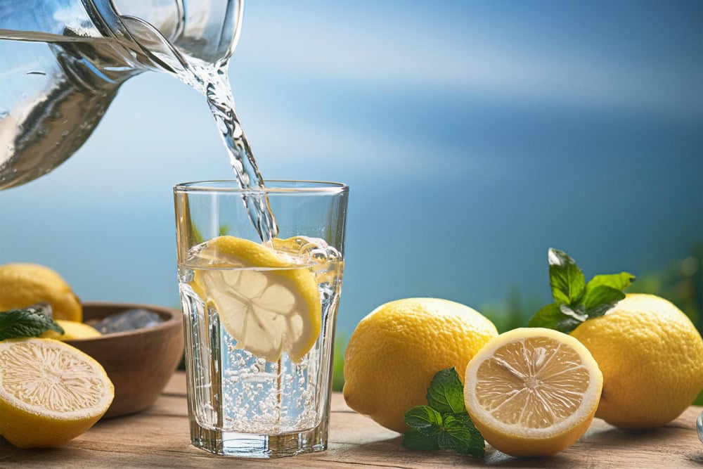 clear, pure water poured from glass pitcher into glass with lemon sliced - lemons on counter in background