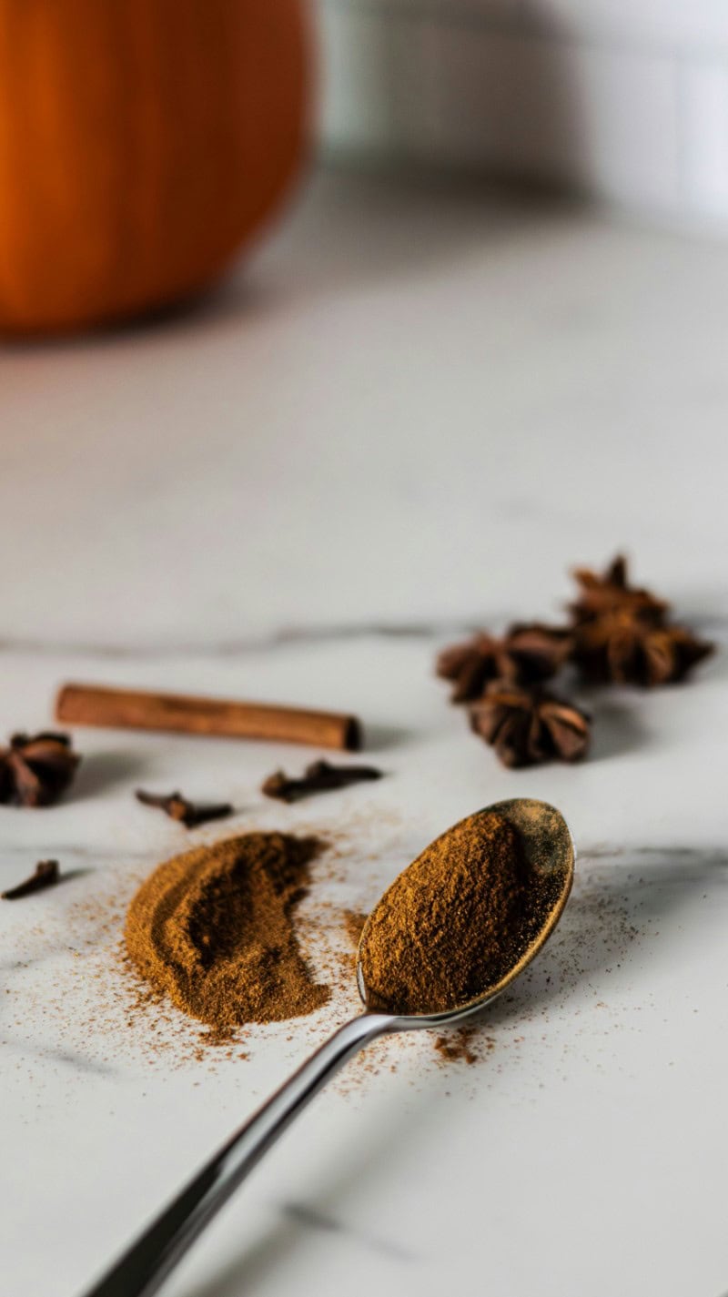 pumpkin pie spices on marble counter - cinnamon, cloves - with pumpkin in background