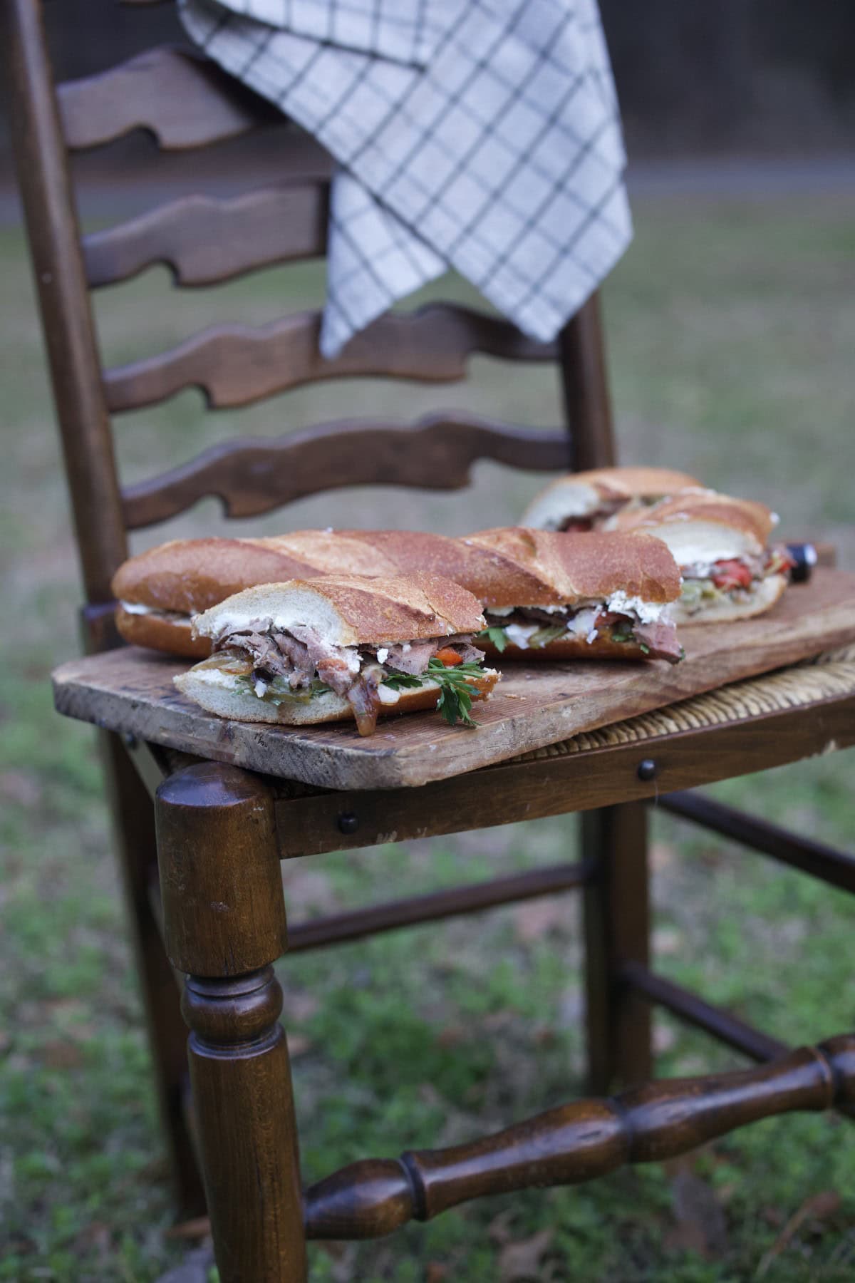 venison steak sandwich - sub length - sliced and set on rustic cutting board on chair outdoors