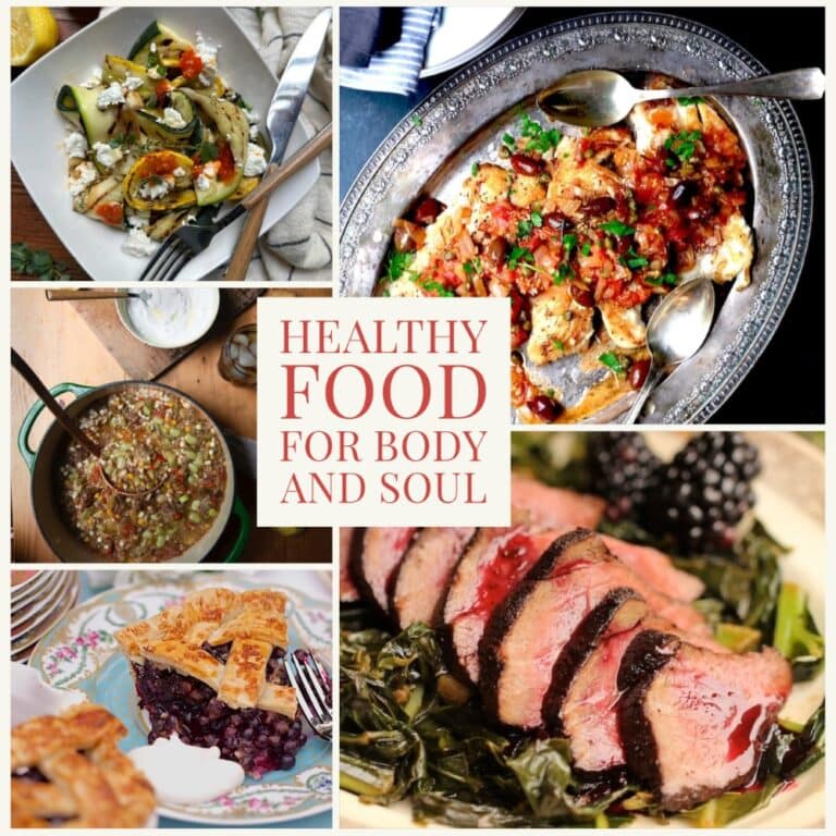 Healthy Food for Body and Soul with montage of healthy fish, venison, vegetable, and fruit recipes