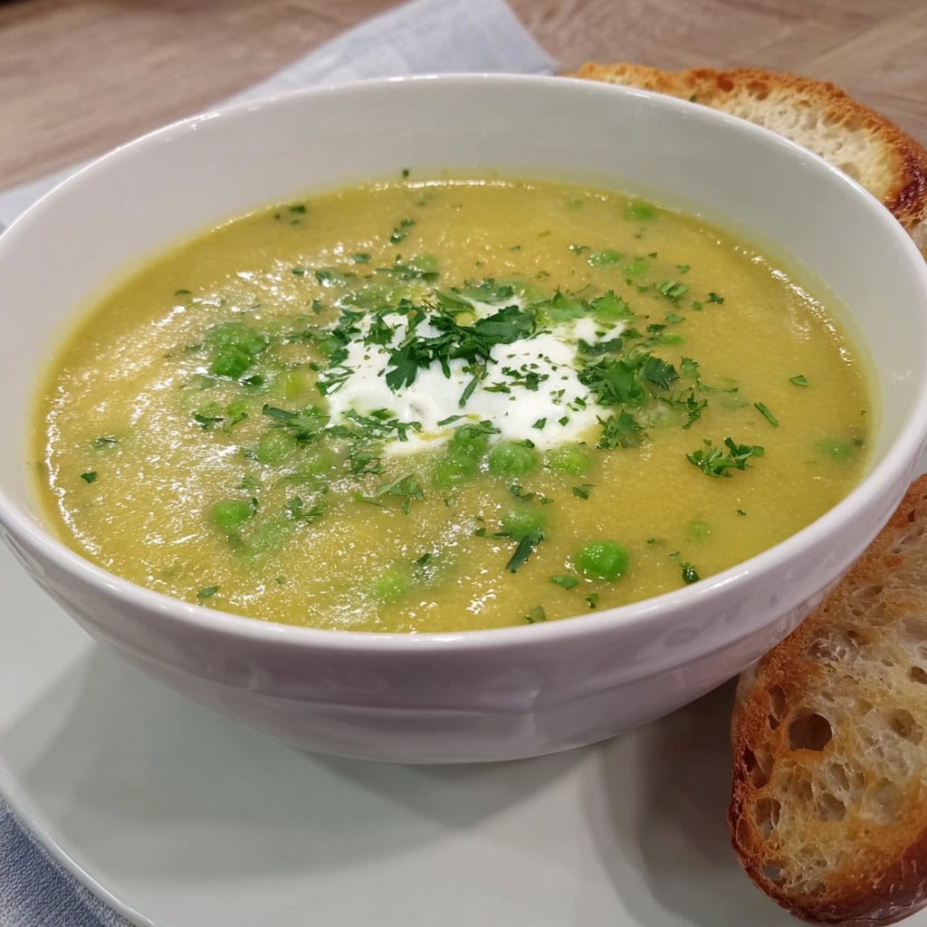 Delicious creamy vegetable soup garnished with herbs, served with toast slices alongside bowl