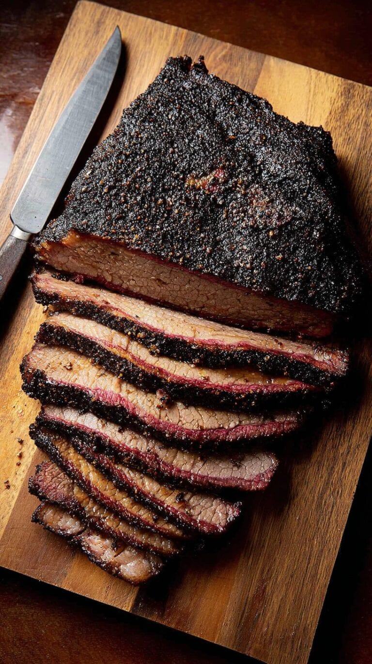 succulent smoked brisket sliced on wooden cutting board