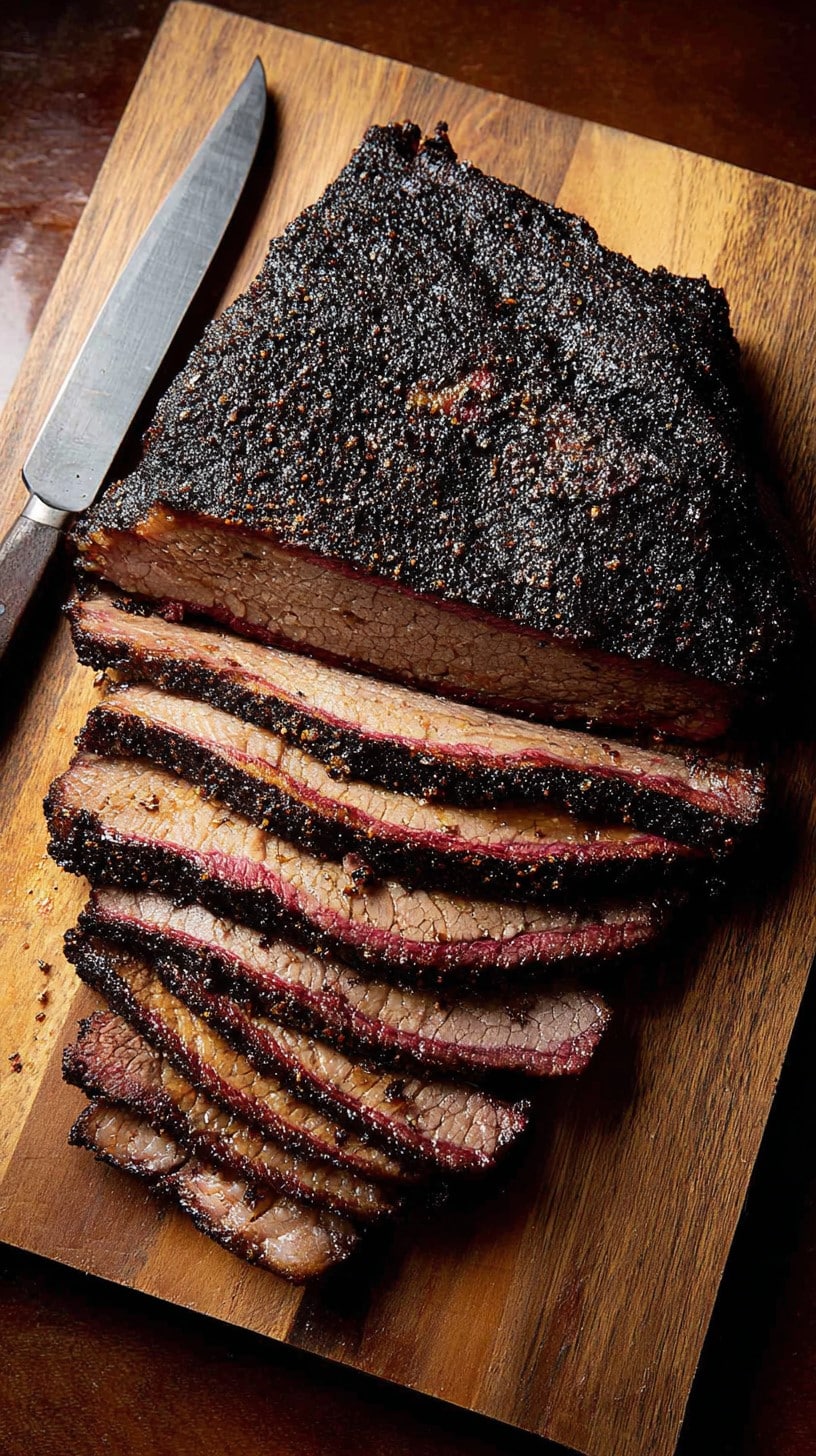 succulent smoked brisket sliced on wooden cutting board